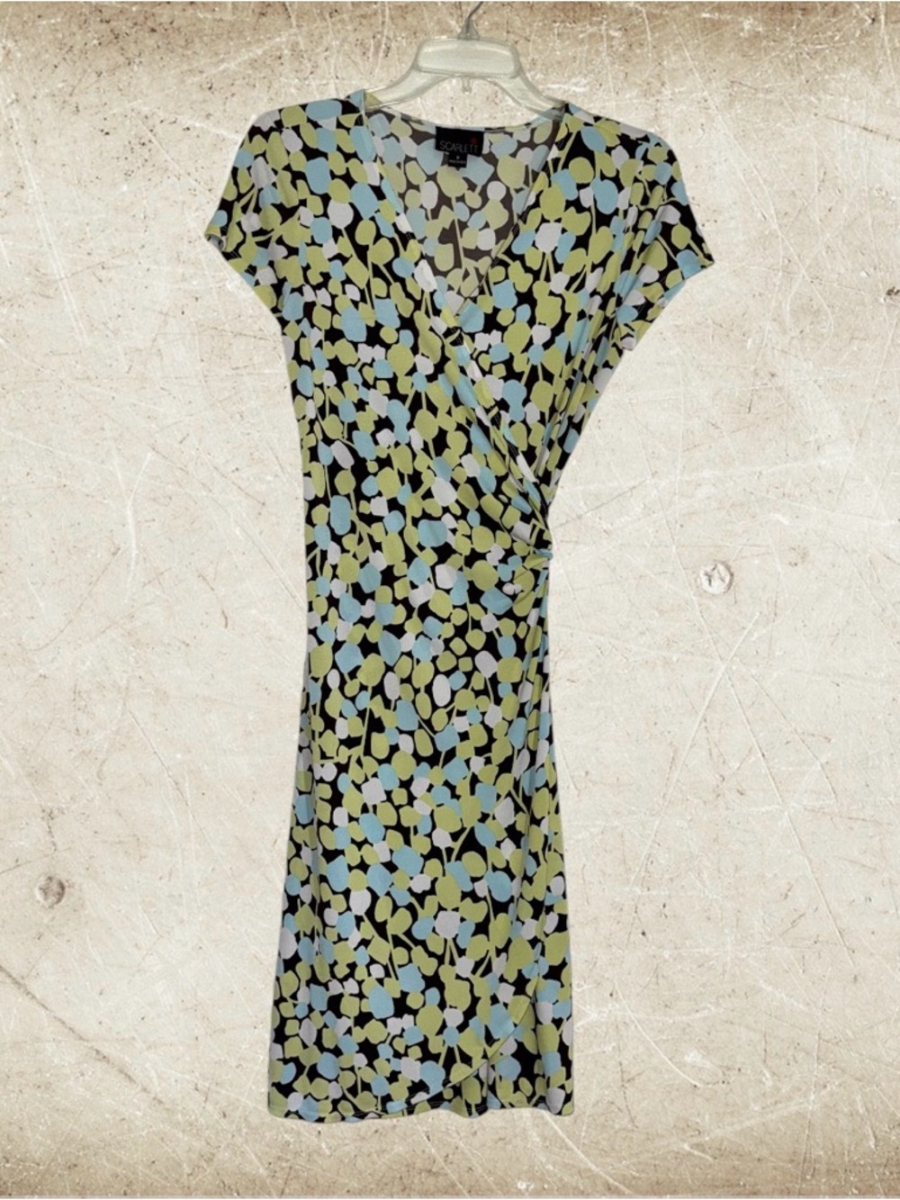 Scarlett Black Wrap Midi Dress with Green & Light Blue Petal Print